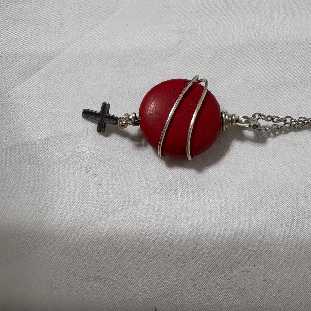 Silver Wrapped Red Stone Necklace with Cross Charm - Picture 2 of 7